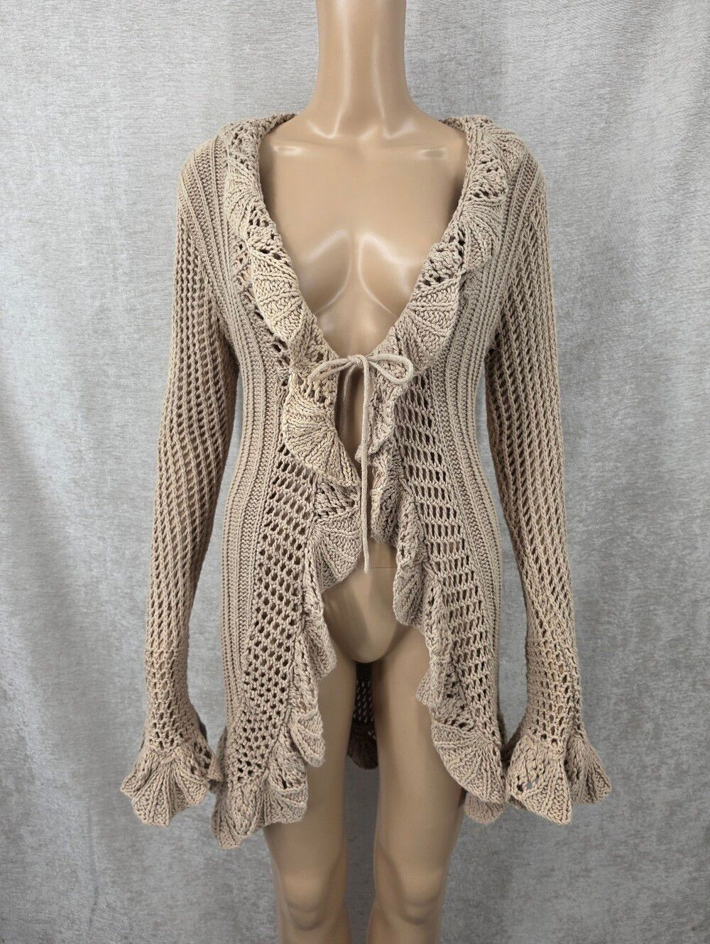Y2K Open-Knit Ruffle Trim Longline Cardigan Sweater Beige